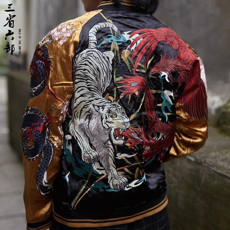 Red Black Spring And Autumn Embroidered Jacket Dragon Sukajan Jacket