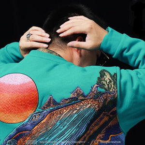 Hyper premium sunset whale waterfall embroidery sweatshirt