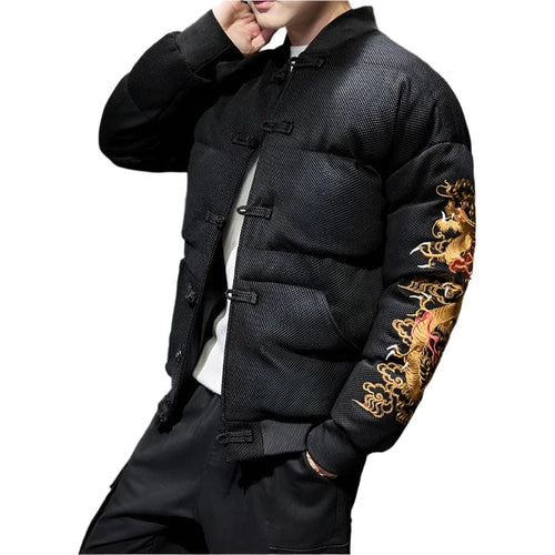 Carbon black puffy Tang dragon sleeve jacket