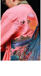 Hyper premium sunset whale waterfall embroidery sweatshirt