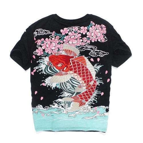 Embroidery sakura flower carp T-shirt