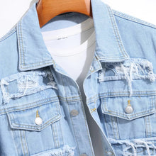 Load image into Gallery viewer, Super distressed vintage jean jacket light blue